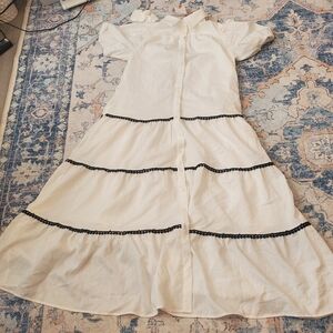 White Tiered Button-Front Maxi Dress with Black Trim